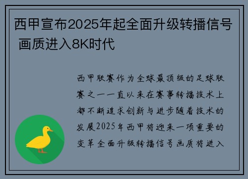 西甲宣布2025年起全面升级转播信号 画质进入8K时代
