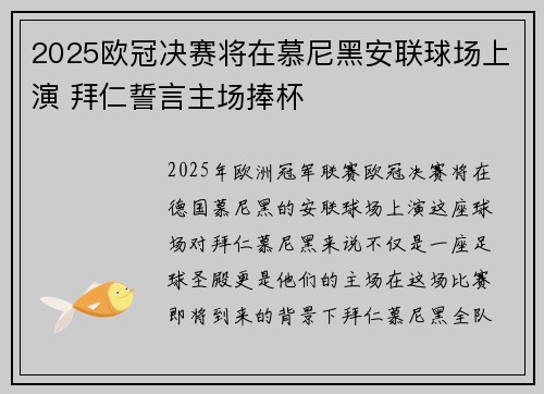 2025欧冠决赛将在慕尼黑安联球场上演 拜仁誓言主场捧杯 2025欧冠决赛将在慕尼黑安联球场上演 拜仁誓言主场捧杯